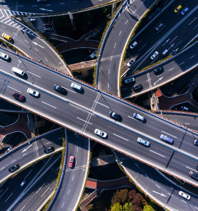 Busy traffic highway at Nanjing east road from aerial view. Shanghai. China